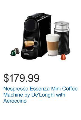 Costco Nespresso essenza mini coffee machine by de'longhi with aeroccino offer