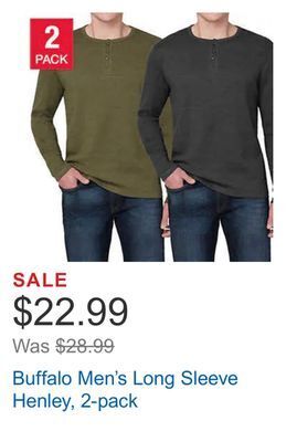 Costco Buffalo men's long sleeve henley, 2-pack offer
