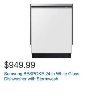 Costco Samsung bespoke 24 in white glass dishwasher with stormwash offer