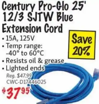Century Pro-Glo 25' 12/3 SJT Blue Extension Cord