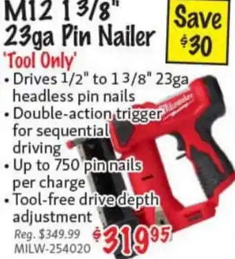 Milwaukee M12 1 3/8" 23ga Pin Nailer
