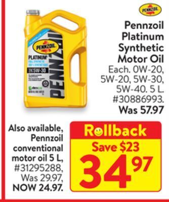 Walmart Pennzoil platinum synthetic motor oil offer
