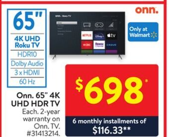 Walmart Onn. 65" 4k uhd hdr tv offer