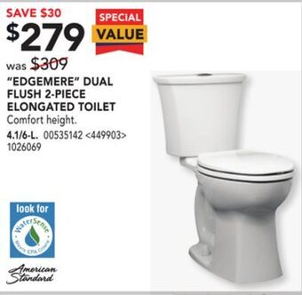 Lowe's American standard "edgemere" dual flush 2-piece elongated toilet offer