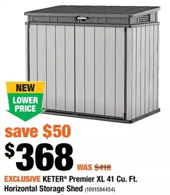 Home Depot Keter premier xl 41 cu. ft. horizontal storage shed offer