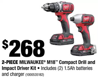 Home Depot 2-piece milwaukee m18 compact drill and impact driver kit offer