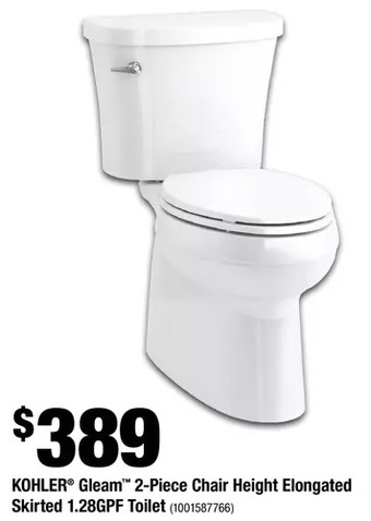 Home Depot Kohler gleam 2-piece chair height elongated skirted 1.28gpf toilet offer
