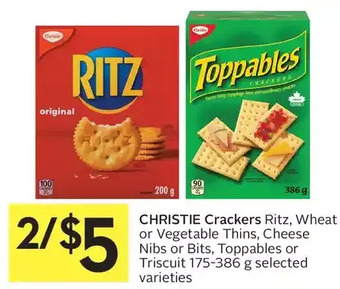 Foodland Christie crackers ritz, wheat or vegetable thins, cheese nibs or bits, toppables or triscuit offer