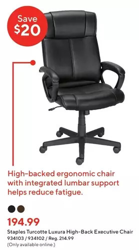 Staples Staples turcotte luxura high-back executive chair offer