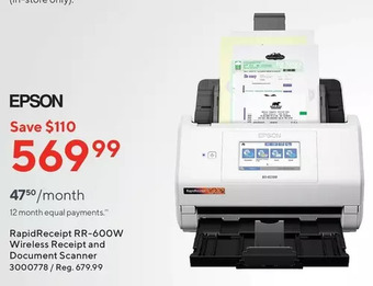 Staples Epson rapidreceipt rr-600w wireless receipt and document scanner offer