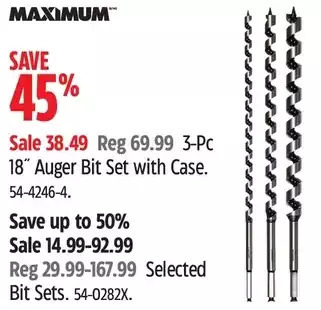 Canadian Tire Maximum 3-pc 18" auger bit set with case offer