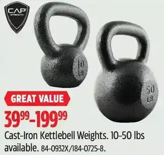 Canadian Tire Cap cast-iron kettlebell weights. 10-50 lbs offer
