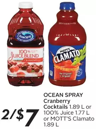 Sobeys Ocean spray cranberry cocktails or 100% juice or mott's clamato offer