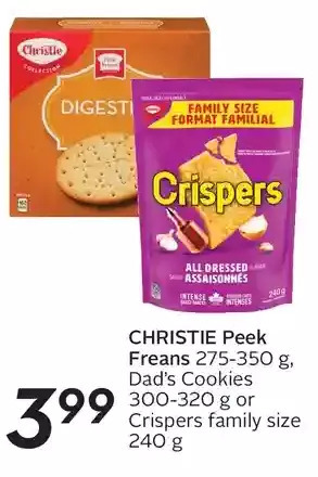 Sobeys Christie peek freans, dad's cookies or crispers family size offer