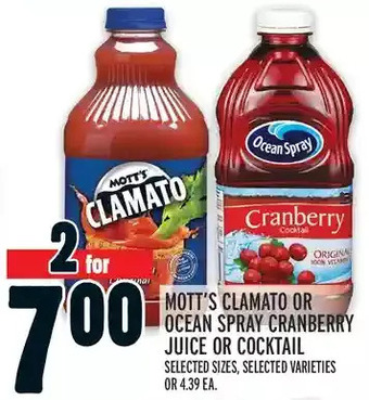 Metro Mott's clamato or ocean spray cranberry juice or cocktail offer