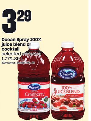 Loblaws Ocean spray 100% juice blend or cocktail, 1.77/1.89 l offer