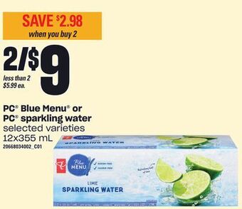 Independent Grocer Pc® blue menu® or sparkling water, 12x355 ml offer