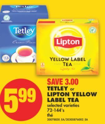 No Frills Tetley or lipton yellow label tea, 72-144's offer