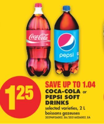 No Frills Coca-cola or pepsi soft drinks, 2 l offer