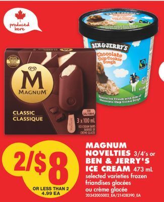 No Frills Magnum novelties, 3/4's or ben & jerry's ice cream, 473 ml offer
