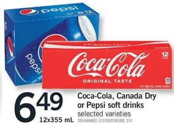 Fortinos Coca-cola, canada dry or pepsi soft drinks, 12x355 ml offer