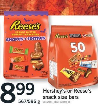 Fortinos Hershey's or reese's snack size bars, 567/595 g offer