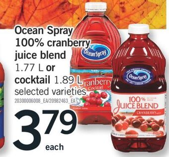 Fortinos Ocean spray 100% cranberry juice blend, 1.77 l or cocktail, 1.89 l offer
