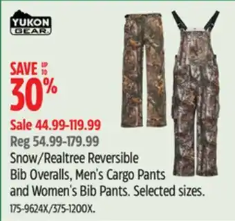 Canadian Tire Yukon gear snow/realtree reversible bib overalls, men's cargo pants and women's bib pants offer