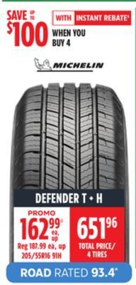 Canadian Tire Michelin defender t + h tires offer