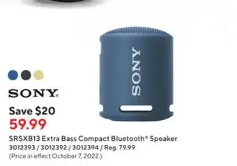 Staples Sony srsxb13 extra bass compact bluetooth® speakers offer