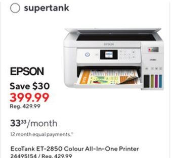 Staples Epson ecotank et-2850 colour all-in-one printer offer