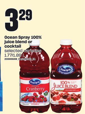 Zehrs Markets Ocean spray 100% juice blend or cocktail, 1.77/1.89 l offer