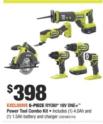 Home Depot 6-piece ryobi® 18v one+™ power tool combo kit offer