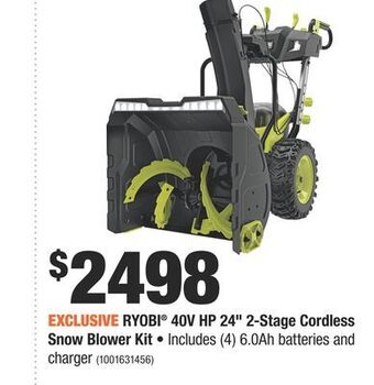 Home Depot Ryobi® 40v hp 24" 2-stage cordless snow blower kit offer