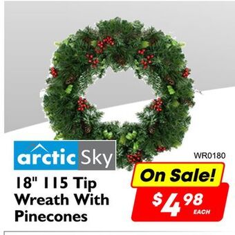 Factory Direct Arctic sky 18" 115 tip wreath with pinecones offer