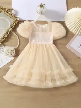 SheIn Toddler girls contrast guipure lace puff sleeve mesh overlay party dress offer