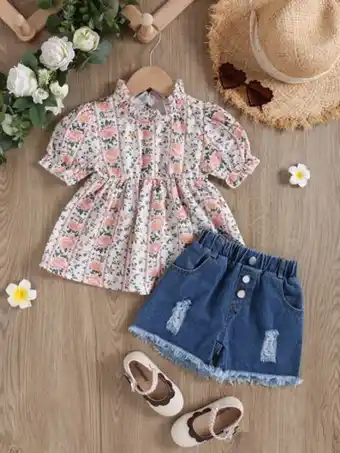 SheIn Toddler girls floral print puff sleeve top & ripped raw trim denim shorts offer