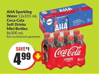 FreshCo Aha sparkling water, coca-cola soft drinks mini bottles offer