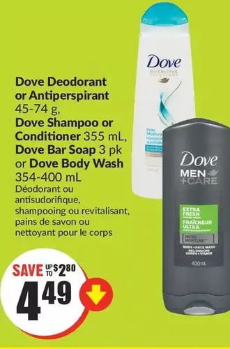 FreshCo Dove deodorant or antiperspirant, dove shampoo or conditioner, dove bar soap or dove body wash offer