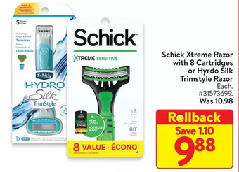 Walmart Schick xtreme razor with 8 cartridges or hydro silk trimstyle razor offer