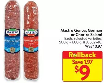 Walmart Mastro genoa, german or chorizo salami offer