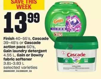 Loblaws Finish, cascade or cascade action pacs, gain laundry detergent, gain or downy fabric softener offer