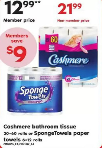 Loblaws Cashmere bathroom tissue or spongetowels paper towels offer