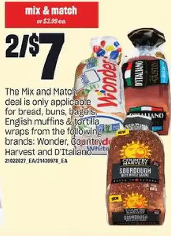 Zehrs Markets Wonder, country harvest and d'italiano bread, buns, bagels, english muffins & tortilla wraps offer