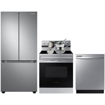Best Buy Samsung 30" 22.1 cu. ft. french door refrigerator electric range dishwasher cookware set - stainless offer