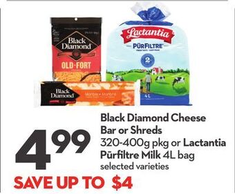 Longo's Black diamond cheese bar or shreds 320-400g pkg or lactantia pūrfiltre milk 4l bag offer