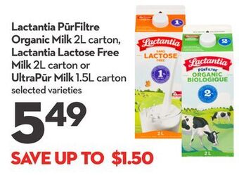 Longo's Lactantia pūrfiltre organic milk 2l carton, lactantia lactose free milk 2l carton or ultrapūr milk 1.5l carton offer
