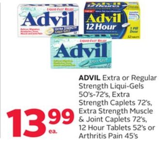 Rexall Advil extra or regular strength liqui-gels 50' s-72' s, extra strength caplets 72' s, extra strength muscle & joint caplets 7 offer