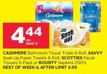 Rexall Cashmere bathroom tissue, savvy soak up paper towels, scotties facial tissues or bounty napkins offer