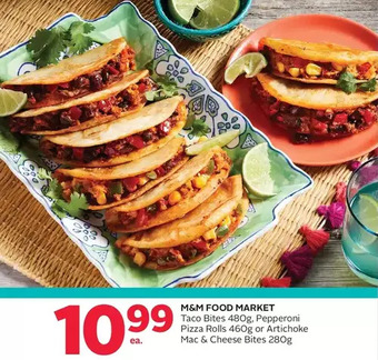 Rexall M&m food market taco bites, pepperoni pizza rolls or artichoke mac & cheese bites offer